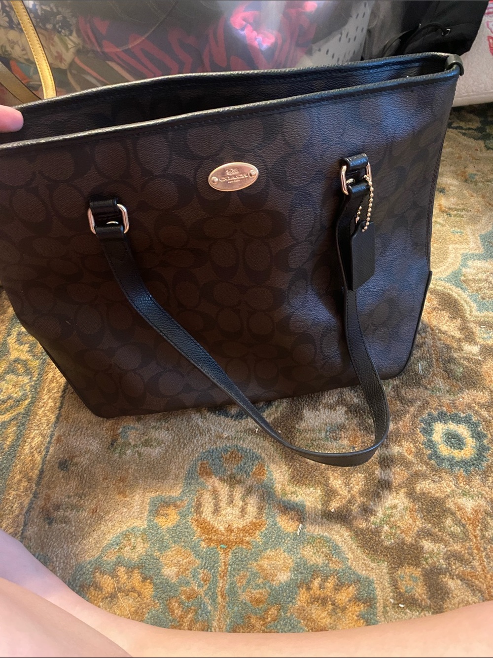 Coach Dark Brown Signature Canvas Tote with Black Straps